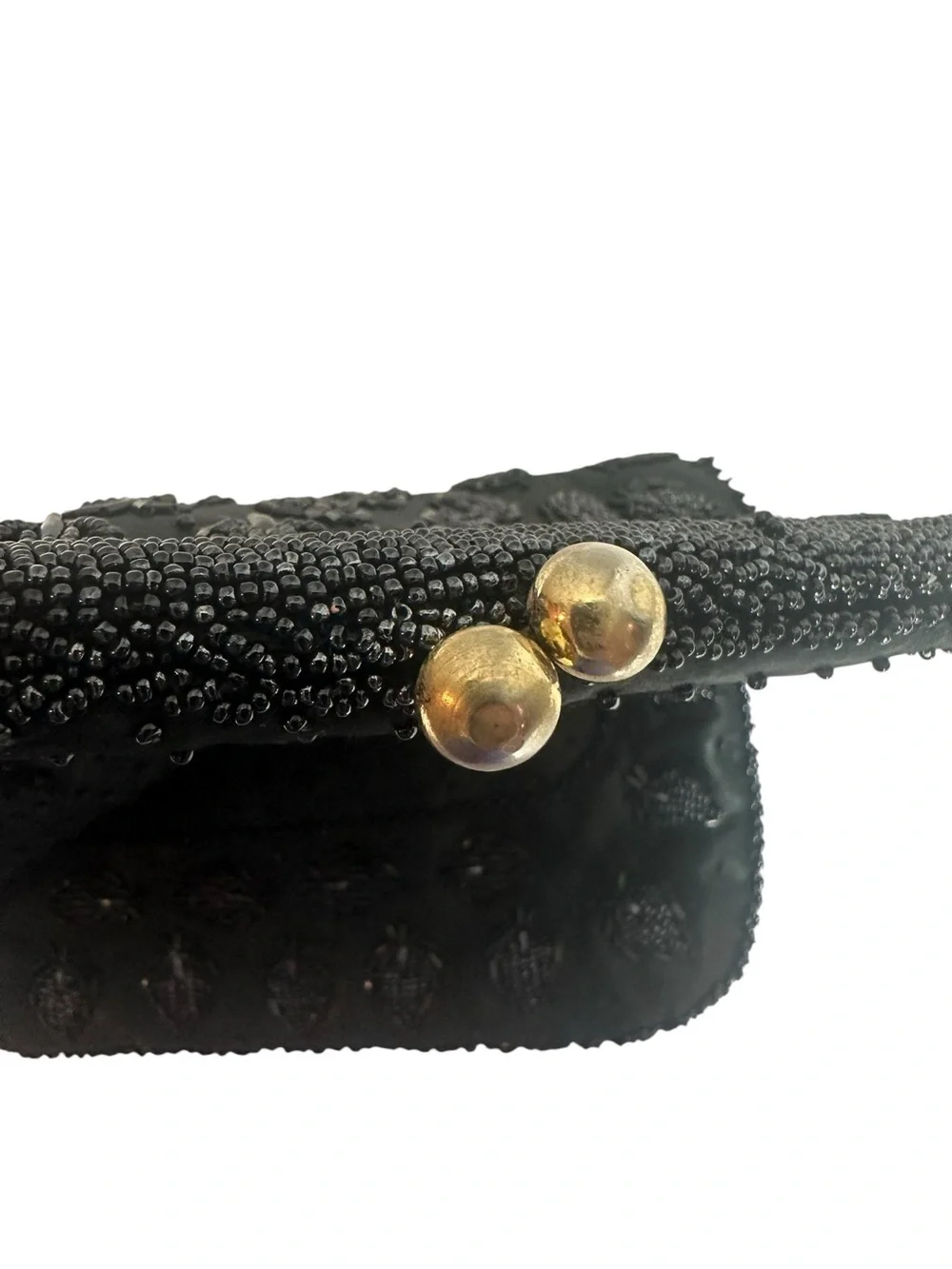 VINTAGE Black Satin Beaded Fold Over Clutch Bag with Brass Kiss Lock Closure